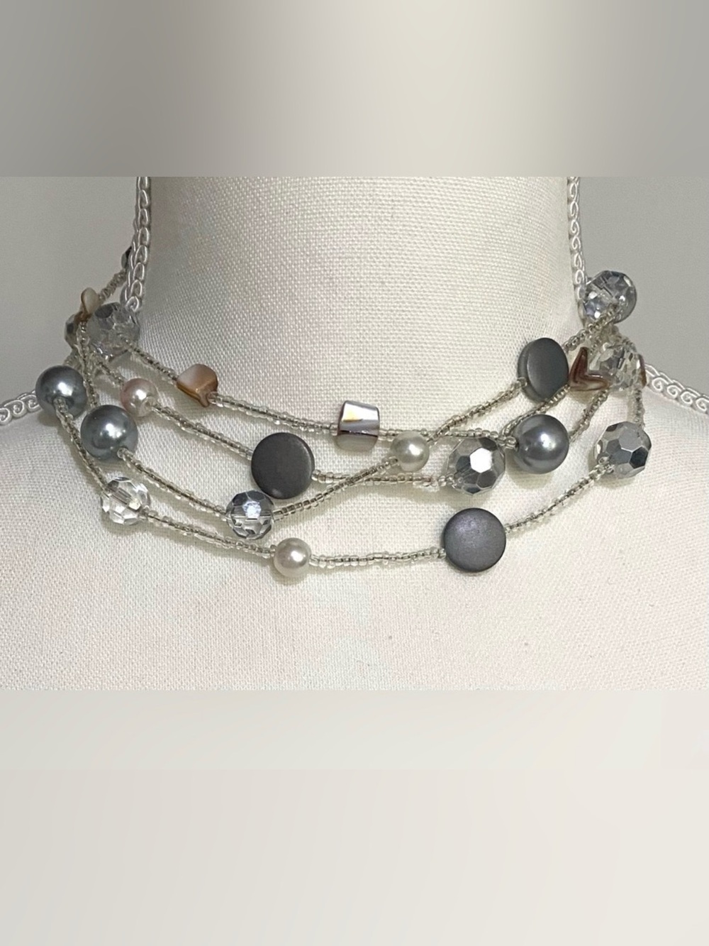 Gray Pearl Beaded Necklace Boho Eclectic Festival Coastal Grandma Cottagecore